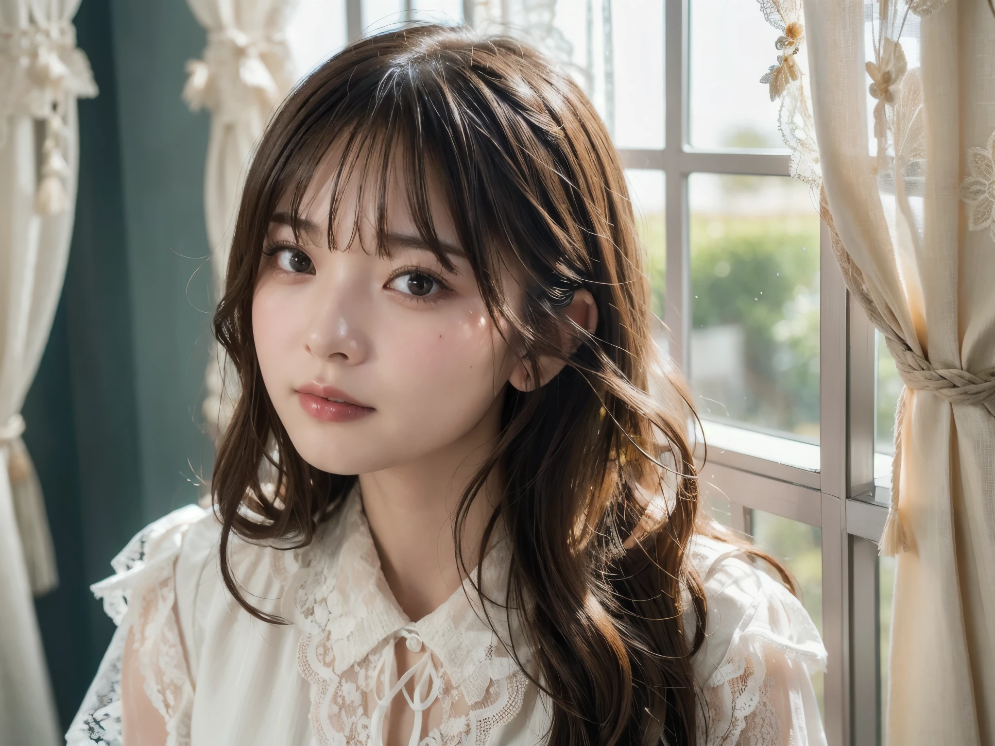 (Highest quality,masterpiece:1.3,超High resolution),(Very detailed,Caustics,8k),(Realistic:1.4,RAW shooting),Super detailed, 超High resolution,18-year-old,Japanese,黒いLong Hair,耳前にLong Hair, (Long Hair:1.2), (Wavy Hair:1.2), (鈍いbangs:1.2), Chest-up shot,Ultra high definition 8K,Highest quality,Very detailedな,masterpiece,Realistic,Rich details,Photographic realism,Very detailedな環境,Very detailedな照明,Very detailedな詳細,,Detailed skin texture,Scattered under the surface,(blush:0.5),Photographic works,Painful expression,Beautiful, shining lips, Detailed face、 bangs, Hair between the eyes, (Tangled in lace curtains:1.5),Looking into the camera,Top view angle,,Natural light, masterpiece, Highest quality, High resolution, ,(Face Focus:1.1),(Face close-up:1.1),Sunset