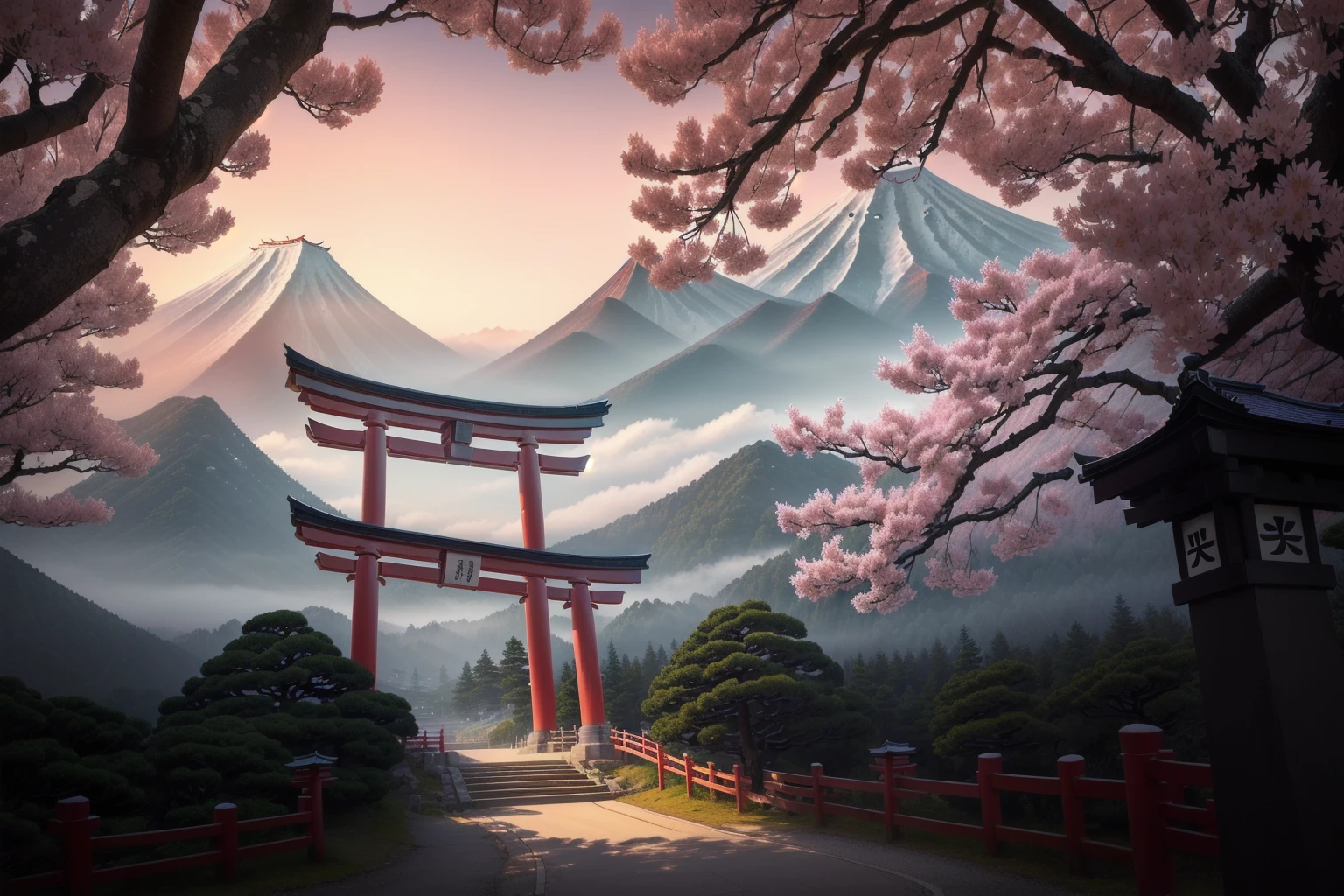 Arafad view with gate and path leading to the mountain, Mount Japan中的鸟居, Torii gate with trees on the mountain, Japanese Landscape, The Flowery Road to Heaven, Japanese Nature, Japanese travel aesthetics, lush Japanese Landscape, Inspired by Torii Kiymoto, Japanese temples, Mount Japan, Japanese Shrines, Centered Torii,((low angle shot 1.7)) ((Camera lens close to the ground to shoot 1.8))