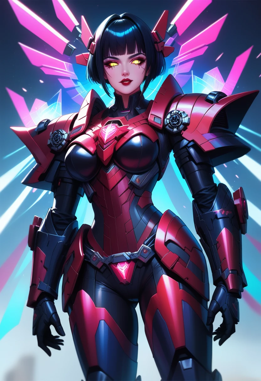 a portrait of mecha female vampire in a dark gothic cyberpunk church, an exotic exquisite beautiful mecha female vampire, dynamic hair color, short hair, dynamic eyes color, intense eyes,  glowing eyes, dynamic eyes color, wearing intricate mech armor, delicate mech armor, delicate blood veins in the armor, wearing thigh high heeled boots, dark gothic cyberpunk church background, vibrant, Ultra-high resolution, High Contrast, (masterpiece:1.5), highest quality, Best aesthetics), best details, best quality, highres, 16k, (ultra detailed: 1.5), masterpiece, best quality, (extremely detailed) RAW, (ultra details, Masterpiece, best quality), 
