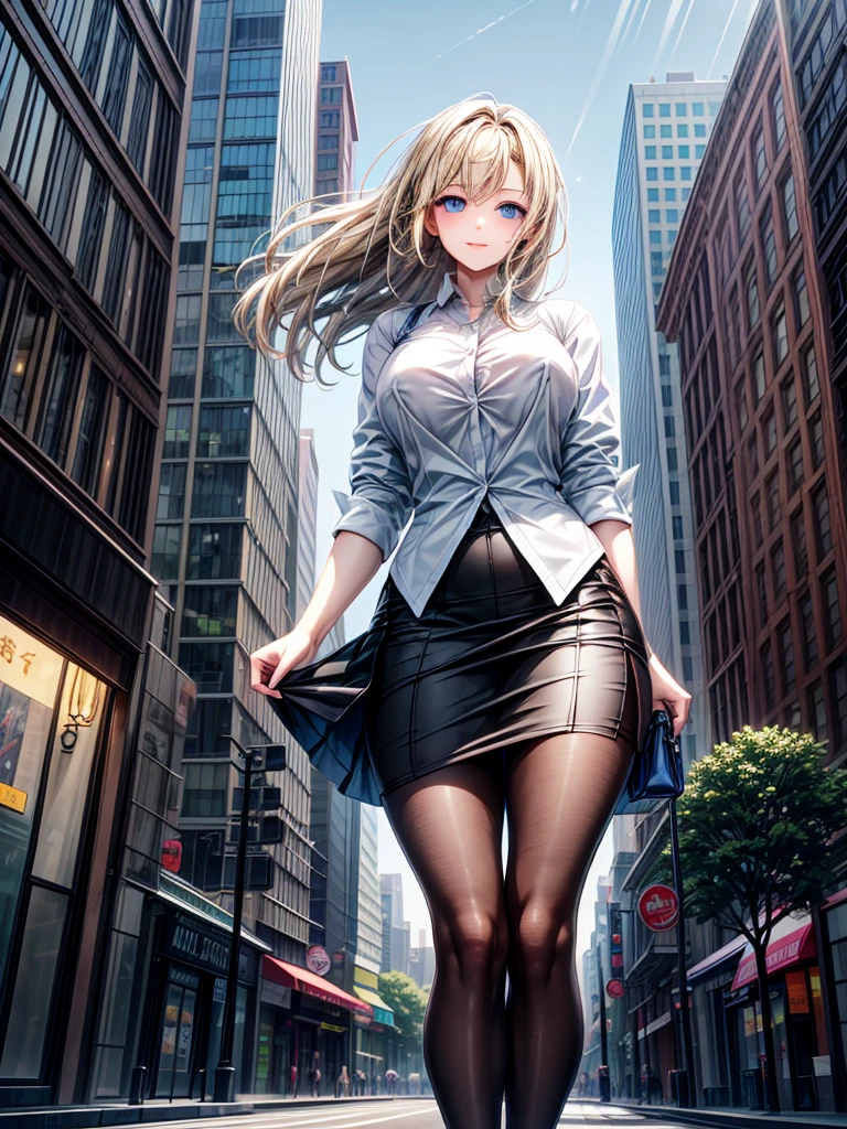 ((High resolution)), ((Lighting and color)), ((masterpiece)), ((Blue eyes)), Young woman with blue eyes., Straight blonde hair, The wind blew it away and it got a little messy., Confident on a busy city street々Standing at. He wears a loose-fitting white business shirt that accentuates his natural elegance.。.., Pair with a black tight skirt for a business look。.. She is in a delicate pose, A cute, sparkling smile, tilt your body slightly. Modern skyscrapers are mixed in the background.., Quaint café, Bustling pedestrians. The soft sunlight gently illuminates your face.., In the hustle and bustle of the city、Give off a warm glow、Emphasize your presence。."