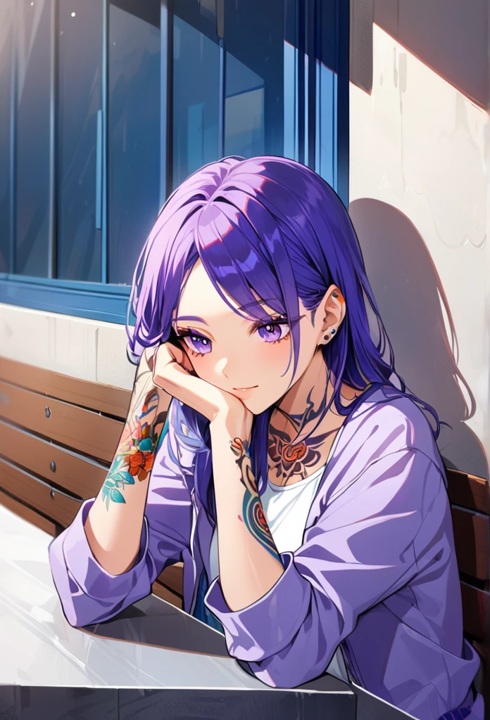 1woman, white and purple hair,multicolored hair, purple eyes, wearing a casual purple jacket, white undershirt, blue jeans, rest head with hand, tattoos on arms, colorful tattoos
