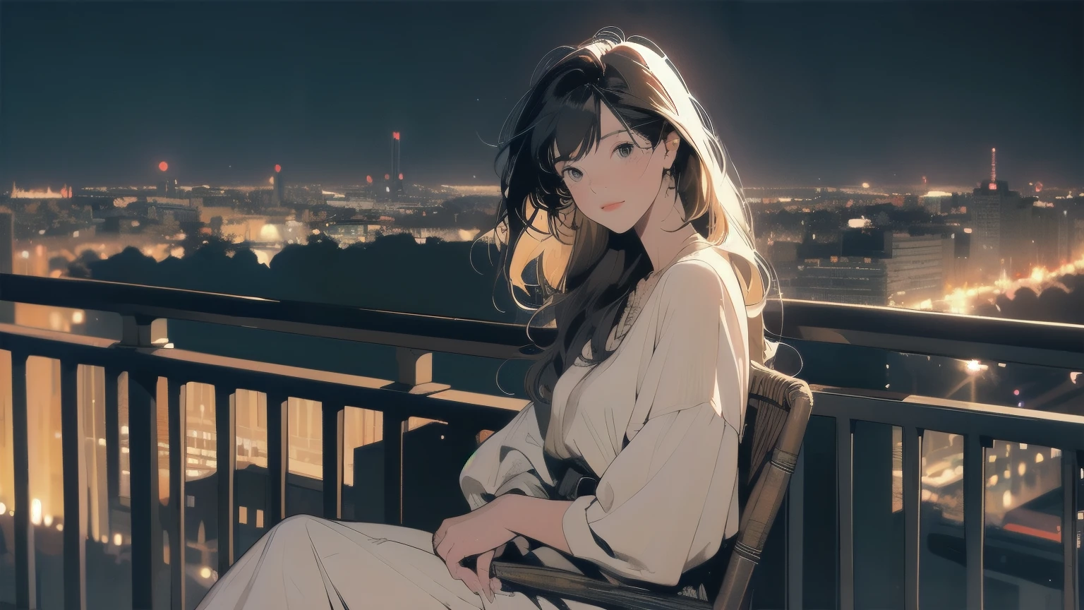 1girl, balcony, sitting on a wicker chair, watching the city below, night sky with stars, soft ambient light, lo-fi feel, tranquil and reflective, cool tones, detailed cityscape, (calm look:1.2), light twinkles
