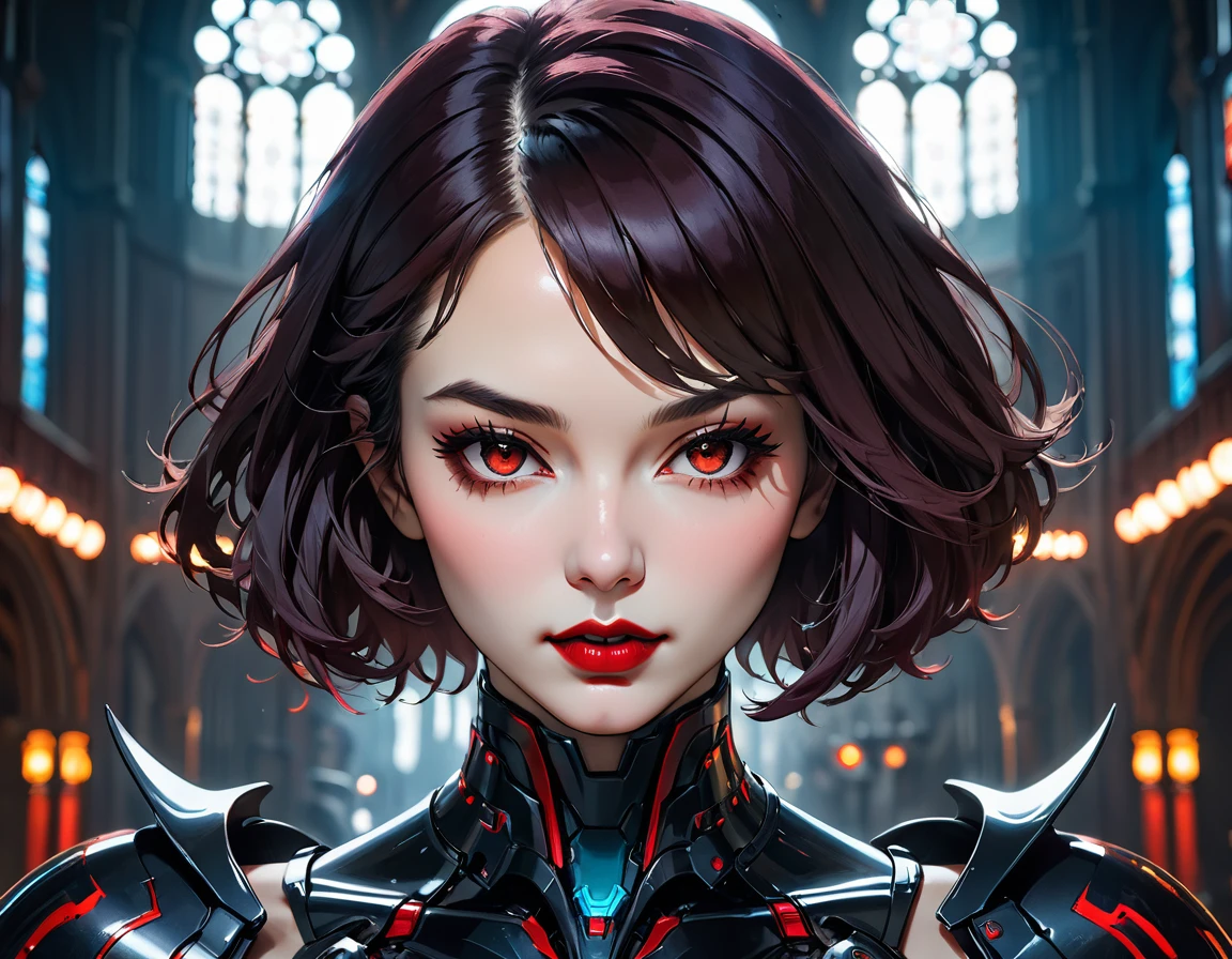 a portrait of mecha female vampire in a dark gothic cyberpunk church, an exotic exquisite beautiful mecha female vampire, dynamic hair color, short hair, dynamic eyes color, intense eyes,  glowing eyes, dynamic eyes color, wearing intricate mech armor, delicate mech armor, delicate blood veins in the armor, wearing thigh high heeled boots, dark gothic cyberpunk church background, vibrant, Ultra-high resolution, High Contrast, (masterpiece:1.5), highest quality, Best aesthetics), best details, best quality, highres, 16k, (ultra detailed: 1.5), masterpiece, best quality, (extremely detailed) RAW, (ultra details, Masterpiece, best quality), Cinematic Hollywood Film, Intense gaze, DARK