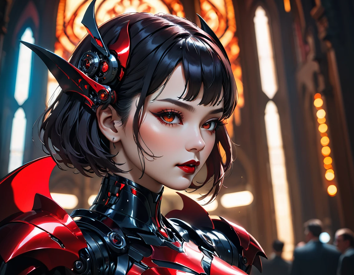 a portrait of mecha female vampire in a dark gothic cyberpunk church, an exotic exquisite beautiful mecha female vampire, dynamic hair color, short hair, dynamic eyes color, intense eyes,  glowing eyes, dynamic eyes color, wearing intricate mech armor, delicate mech armor, delicate blood veins in the armor, wearing thigh high heeled boots, dark gothic cyberpunk church background, vibrant, Ultra-high resolution, High Contrast, (masterpiece:1.5), highest quality, Best aesthetics), best details, best quality, highres, 16k, (ultra detailed: 1.5), masterpiece, best quality, (extremely detailed) RAW, (ultra details, Masterpiece, best quality), Cinematic Hollywood Film, Intense gaze, DARK