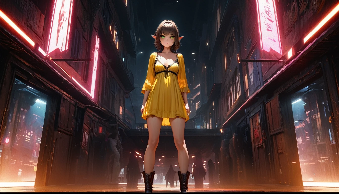 Noble Elf, masterpiece, good quality, (1_woman), (Full body),unreal engine:1.4,Ultra-realistic CG K, photorealestic:1.4, Skin texture:1.4, masterpiece:1.4,Schöne woman mit Babydoll-Dessous、Short yellow clothes in cyberpunk style, PANTIMEDIA red , Miniskirt blue,, (((green eyes)), dark_eyeliner, long_eyelashes), Natural dynamic light casts detailed shadows, knee high dark brown boots, Stehen outside rustic tavern, woods, mountains in the distance, Sunny day,, serious look, questionable, caring, Investigation procedure, dark alley, natta, natta sky, red light, (Silhouette, hard light:1.2), Nordic style, high quality, beautiful picture, masterclass!