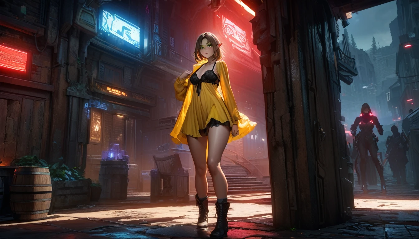 Noble Elf, masterpiece, good quality, (1_woman), (Full body),unreal engine:1.4,Ultra-realistic CG K, photorealestic:1.4, Skin texture:1.4, masterpiece:1.4,Schöne woman mit Babydoll-Dessous、Short yellow clothes in cyberpunk style, PANTIMEDIA red , Miniskirt blue,, (((green eyes)), dark_eyeliner, long_eyelashes), Natural dynamic light casts detailed shadows, knee high dark brown boots, Stehen outside rustic tavern, woods, mountains in the distance, Sunny day,, serious look, questionable, caring, Investigation procedure, dark alley, natta, natta sky, red light, (Silhouette, hard light:1.2), Nordic style, high quality, beautiful picture, masterclass!