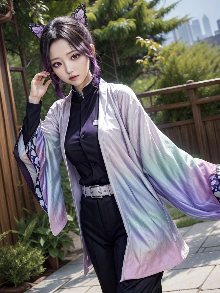 masterpiece, Highest quality, High resolution, One girl, alone, kochou shinobu, Butterfly Hair Ornament, Purple eyes, Multicolored Hair, short hair, Parted bangs, Haori, Wide sleeves, Long sleeve, Black trousers, Black jacket, belt, Cowboy Shot, Have a weapon, sword