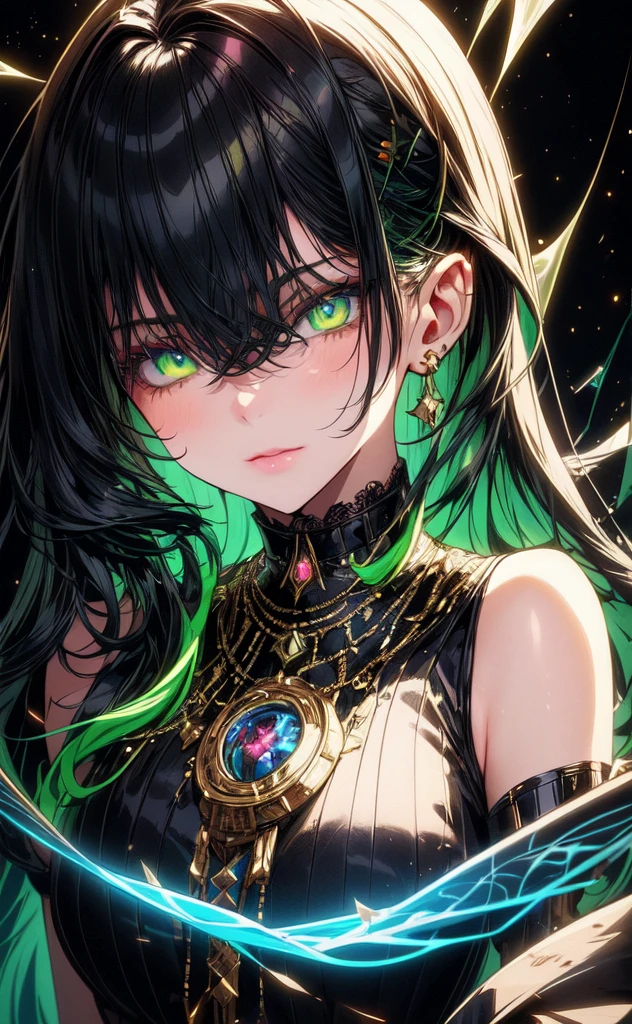 (masterpiece, best quality, ultra-detailed, best shadow), (detailed background,dark fantasy), (beautiful detailed face), high contrast, (best illumination, an extremely delicate and beautiful), ((cinematic light)), colorful, hyper detail, dramatic light, intricate details, (1girl, solo, black with green hair, sharp face, green eyes, hair between eyes,dynamic angle), blood splatter, swirling black light around the character, depth of field,black light particles,(broken glass),magic circle,
