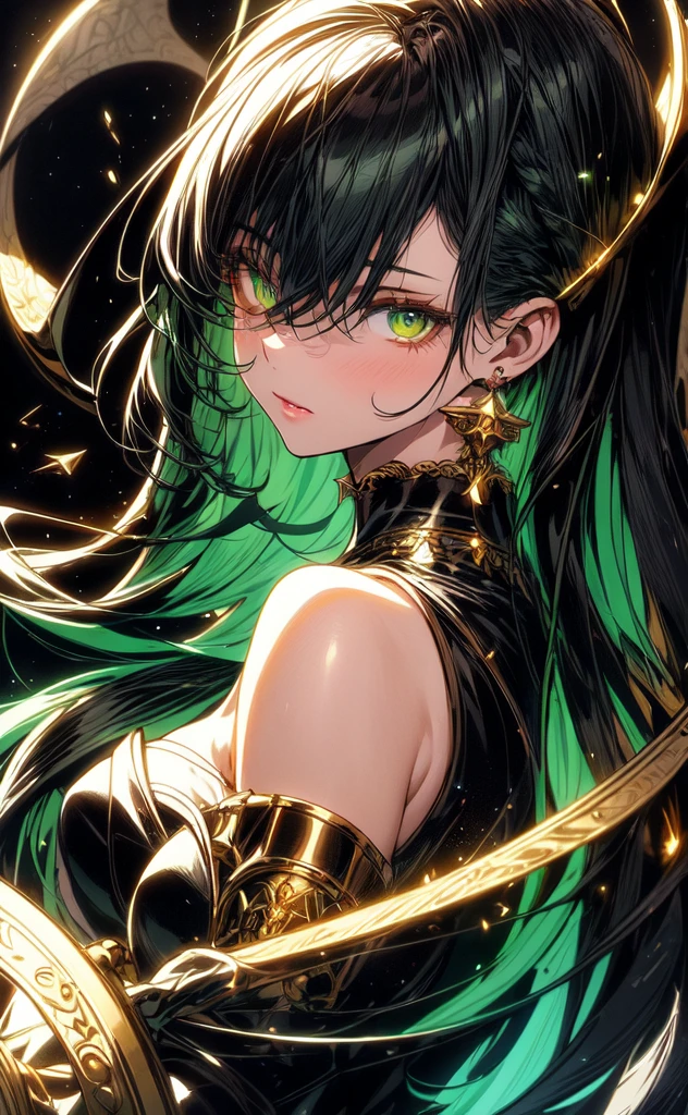 (masterpiece, best quality, ultra-detailed, best shadow), (detailed background,dark fantasy), (beautiful detailed face), high contrast, (best illumination, an extremely delicate and beautiful), ((cinematic light)), colorful, hyper detail, dramatic light, intricate details, (1girl, solo, black with green hair, sharp face, green eyes, hair between eyes,dynamic angle), blood splatter, swirling black light around the character, depth of field,black light particles,(broken glass),magic circle,