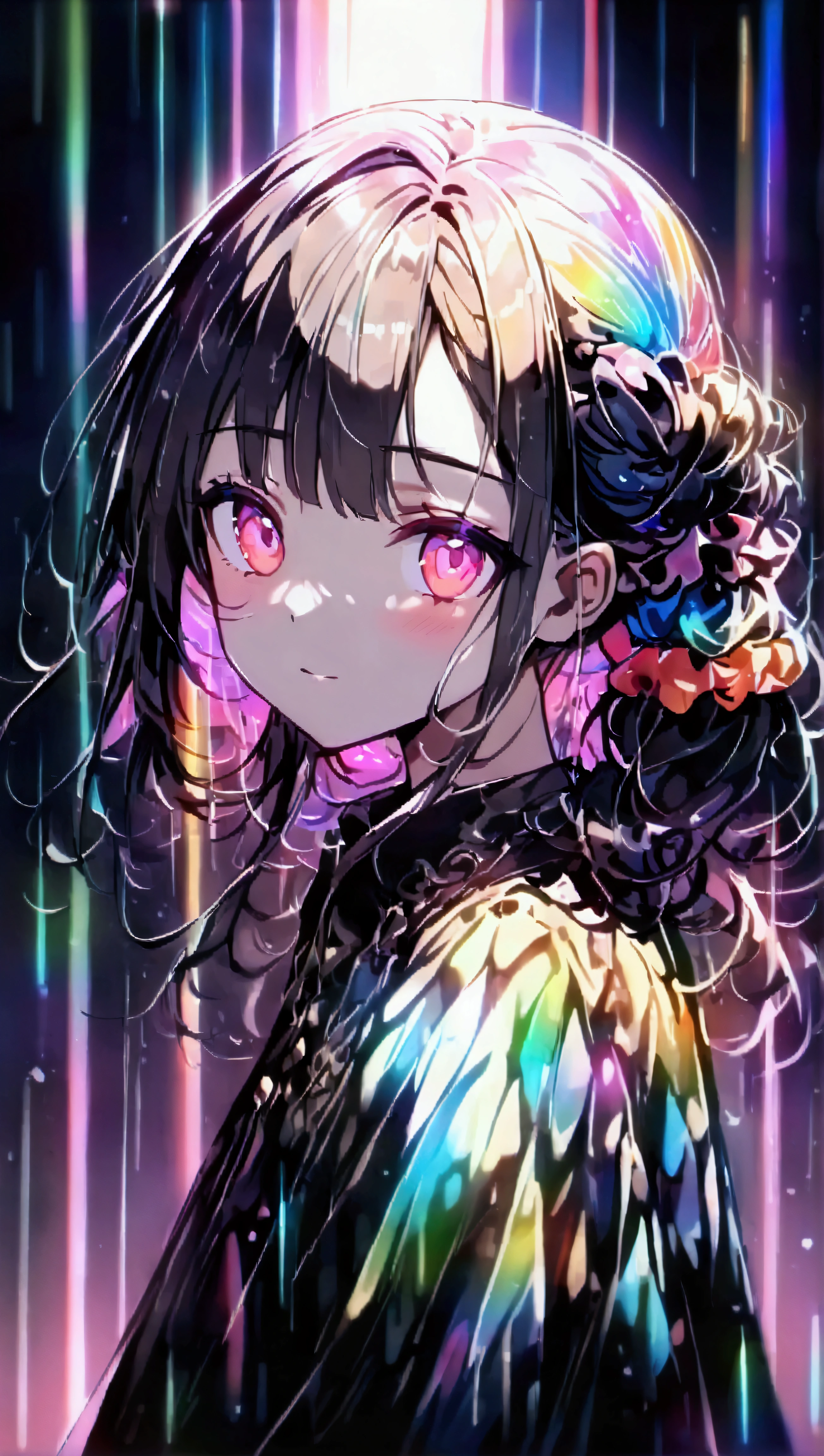 ((Masterpiece)), ((best quality)), (sketch:0.3), (RAW photo:1.2), (High Definition:1.3), (Professional Photography:1.3), (sharp focus), (perfect light), (()), cute young Girl, Glossy unruly hair, (loose blunt bangs), colorful hair, long hair, big eyes, (long eyelashes), ((Thin and short eyebrows)), colorful eyes, (cute smile), open mouth, jagged teeth, joy, (cute tanktop), barearms, cute, (place hand to hip), (colorful:1.3), gothic makeup, (simple concrete background),