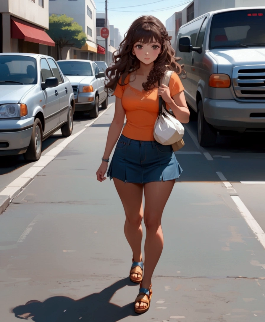 realistic anime illustration of beauty young latin woman is walking along street at sunny day, front view, looking at viewer, she has a brown long curly hair and wearing orange singlet, blue denim a-line mini skirt, (1girl, solo, full body), (masterpiece, best quality, Japanese anime style)