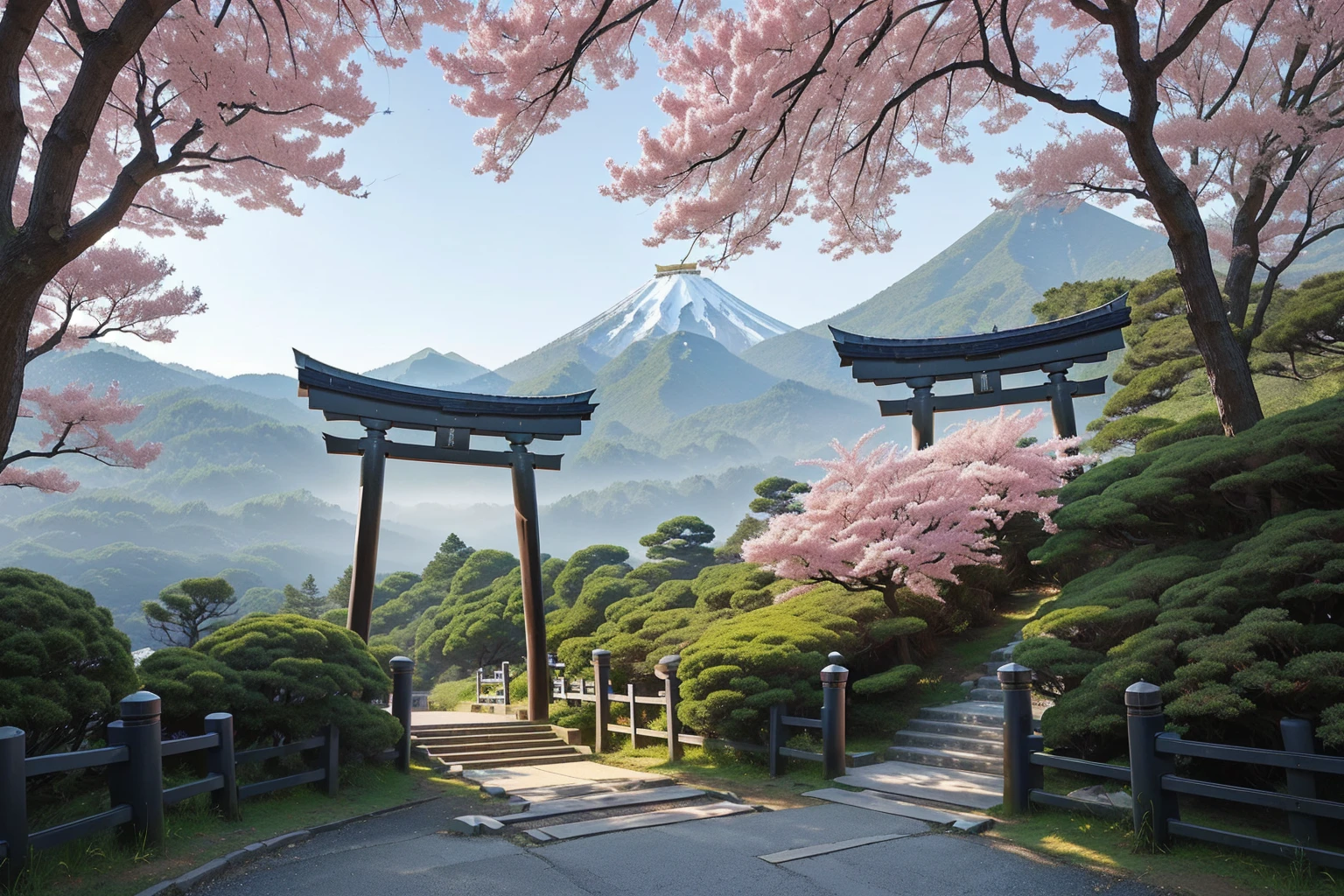 Arafad view with gate and path leading to the mountain, Mount Japan中的鸟居, Torii gate with trees on the mountain, Japanese Landscape, The Flowery Road to Heaven, Japanese Nature, Japanese travel aesthetics, lush Japanese Landscape, Inspired by Torii Kiymoto, Japanese temples, Mount Japan, Japanese Shrines, Centered Torii，((low angle shot 1.7)) ((Camera lens close to the ground to shoot 1.8))
