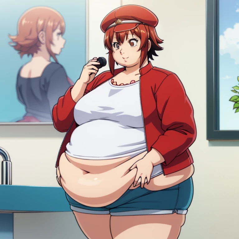 Beautiful fat woman, short hair, "kotegawa chisa" red short-sleeved jacket, medium breasts, white shirt, blue cap, body plus, 