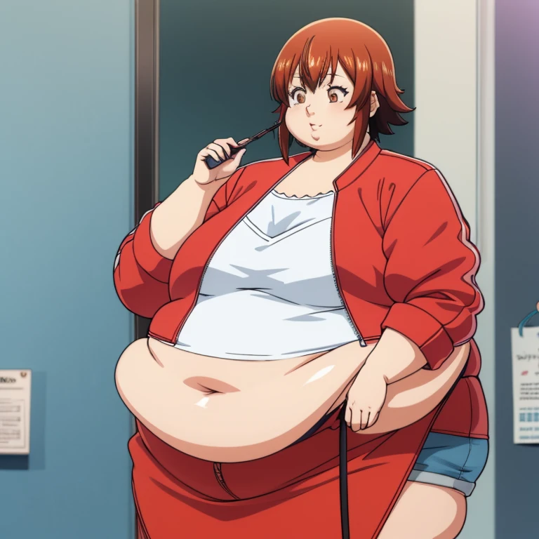 Beautiful fat woman, short hair, "kotegawa chisa" red short-sleeved jacket, medium breasts, white shirt, blue cap, body plus, 