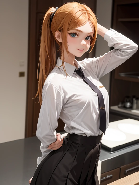 (masterpiece、top quality、top quality、official art、Nice and beautiful:1.2)、(one cute ginger 18 year old girl with small красивый пропорциональный breasts:1.3), beautiful proportional model figure; Long straight orange hair, grabbed with tape on one side in a small ponytail; beautiful realistic greenish brown eyes, big and expressive, gentle kind look.., (Best quality, masterpiece), upper body, She has a beautiful nose and soft tasty lips, nice smile. Slender model with a graceful physique, She is wearing the official academy uniform with a short brown skirt, white shirt and tie., she wants to appear strong, domineering, cold, dangerous and aggressive, radiates inaccessibility, but in fact she is a sweet and kind girl who is ready to help anyone, girl-contradiction; In the kitchen of the women&#39;s student dormitory in the morning, high quality textures of realistic human skin, Beautiful realistic face, proportionate slim physique,