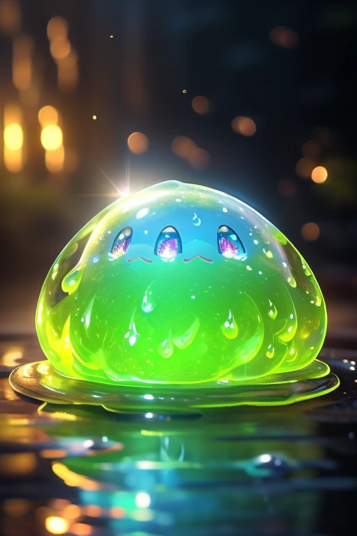 (Highest quality、masterpiece、8k))、Very detailed、High resolution、Realistic、((Beautiful, sparkling, detailed eyes))、Intricate details、Cinematic lighting、((Dynamic composition))、((Lots of different colored slimes))、Japanese Slime、Round Slime、Five very cute slimes、1 blue slime、1 red slime、1 yellow slime、1 green slime、One black slime