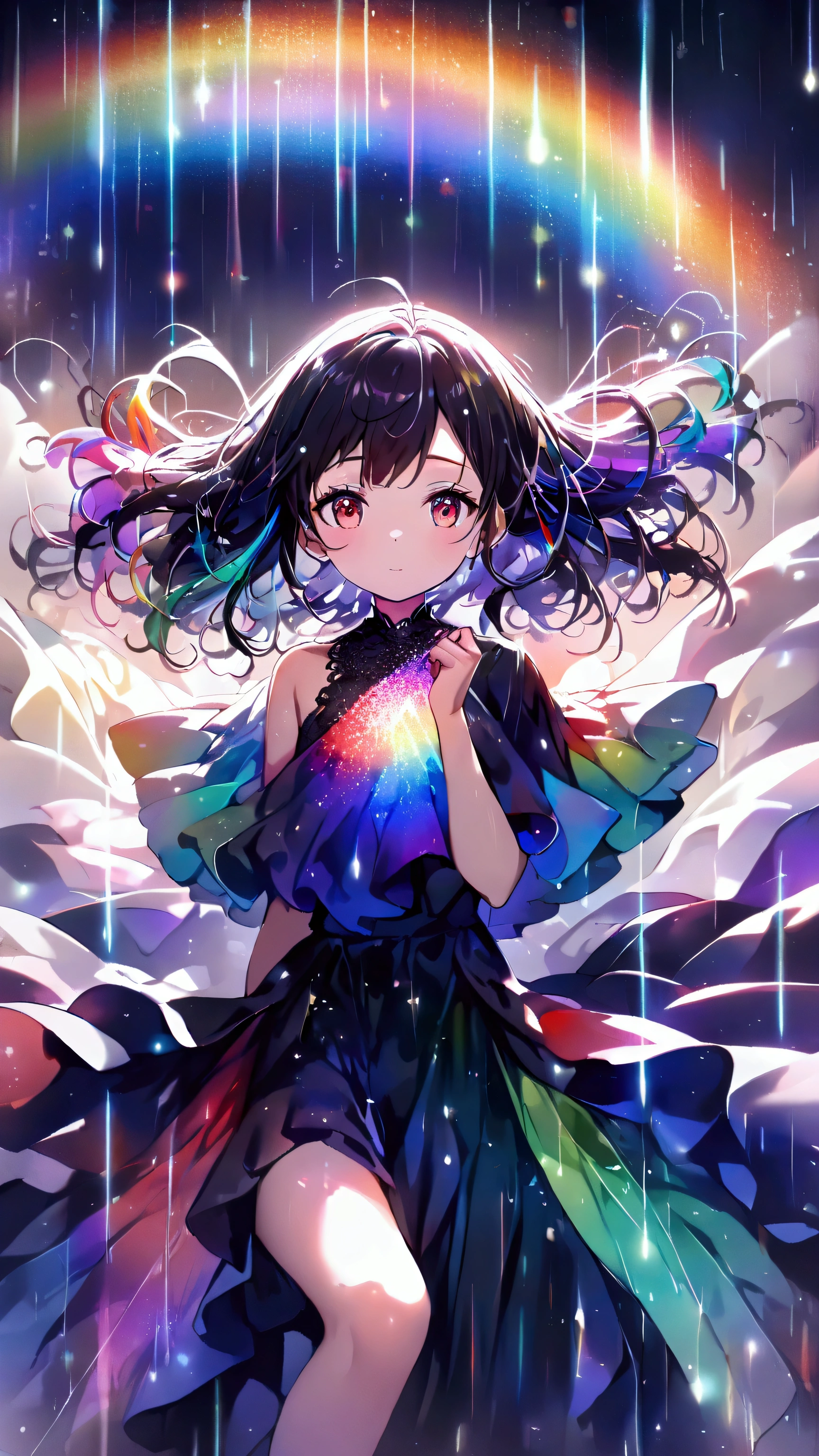(((Beautiful girl artwork))),Scrunchie hair,Looks about 15 years old、(((Rainbow-colored light rains down)))