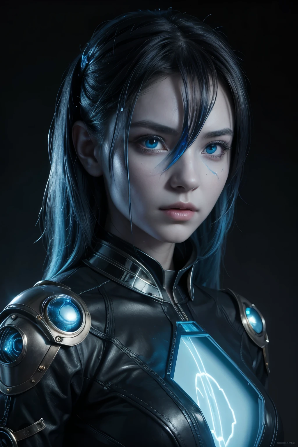 arcturian alien with blue skin and human aspect, photorealistic hyperealistic, steampunk style, light neon sutra behind her