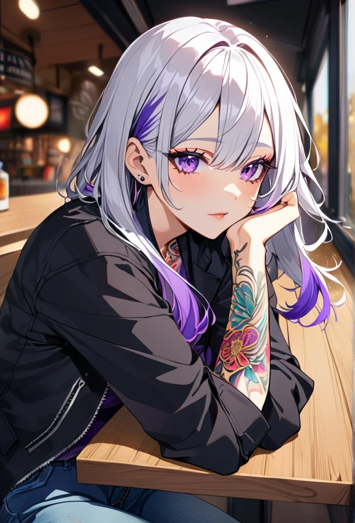 1woman, white hair with purple tips, purple eyes, wearing a casual black jacket, purple undershirt, blue jeans, rest head with hand, tattoos on arms, colorful tattoos