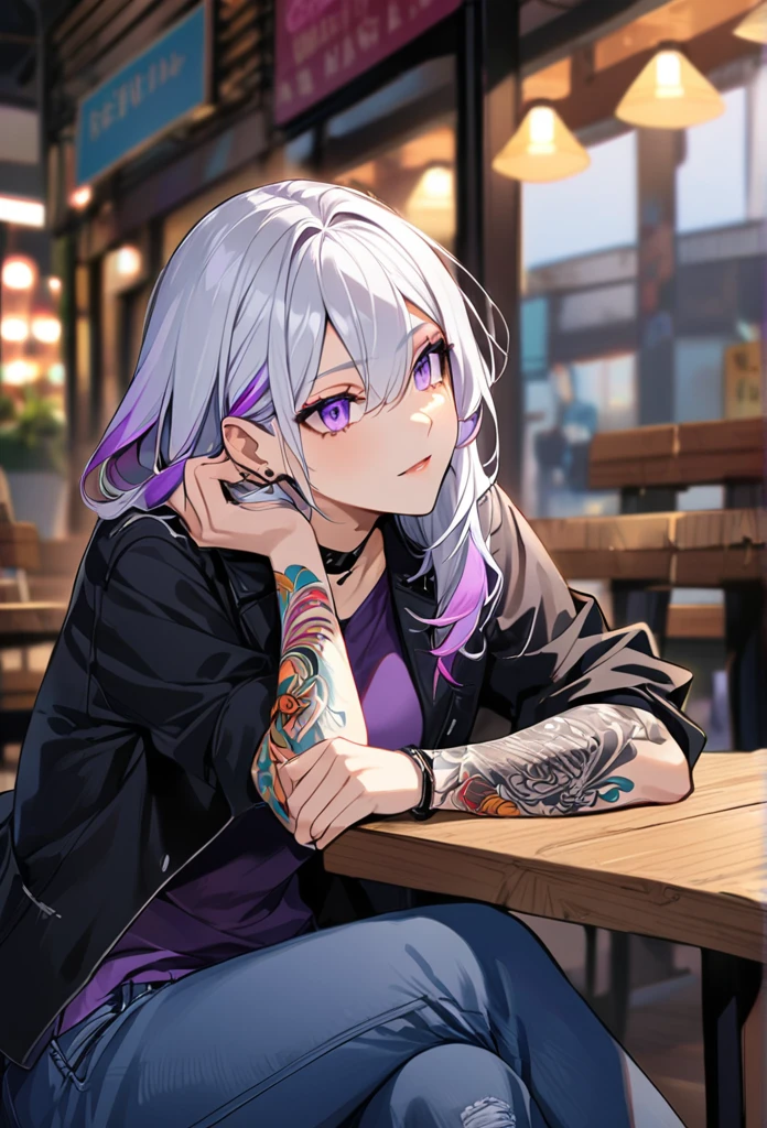 1woman, white hair with purple tips, purple eyes, wearing a casual black jacket, purple undershirt, blue jeans, rest head with hand, tattoos on arms, colorful tattoos