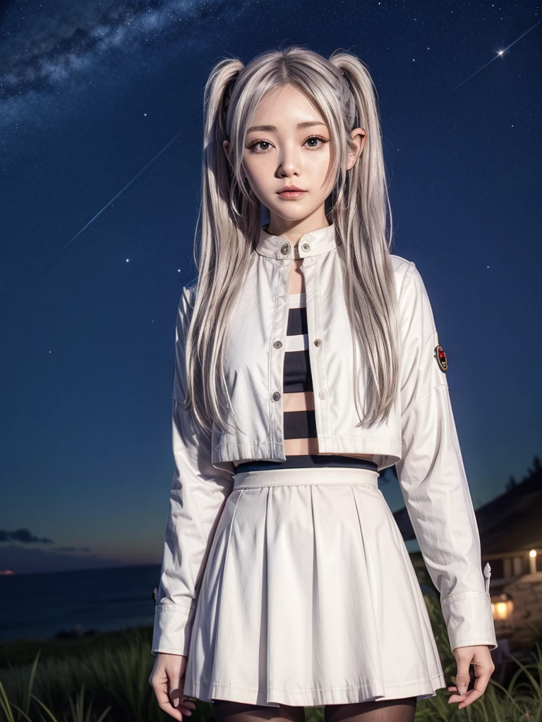 One girl,alone,Fairy,Gray Hair, Grey Hair, Earrings, Pointed Ears, Long Hair, ponytail, Green Eyes, Twin tails, Parted bangs, Thick eyebrows,
Capelet with collar, White capelet, Striped shirt, Long sleeve,Striped, White Skirt,
pantyhose,
Night Sky, performer, Milky Way, milky way,