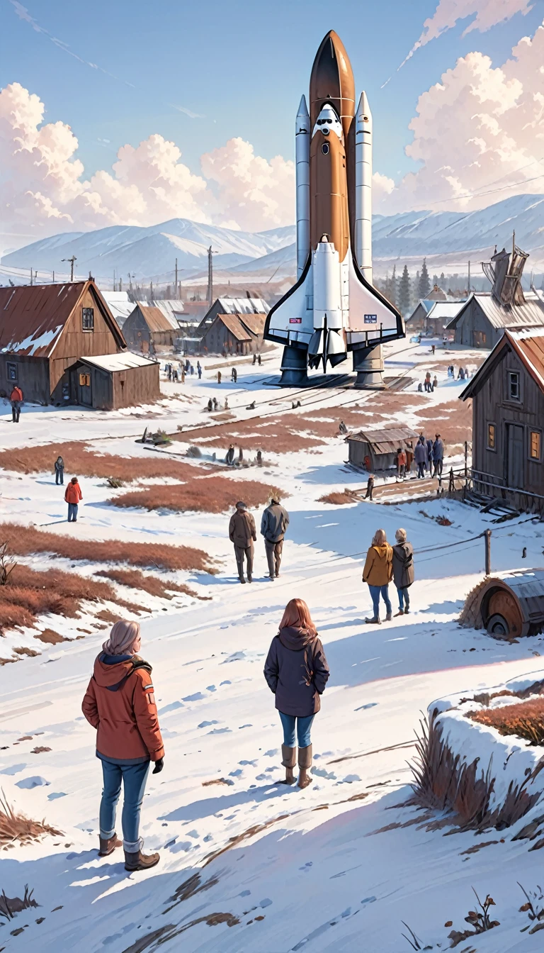 Space Shuttle in Rusty Field, landscape village, people standing, photorrealistic, Simon Stenhag style