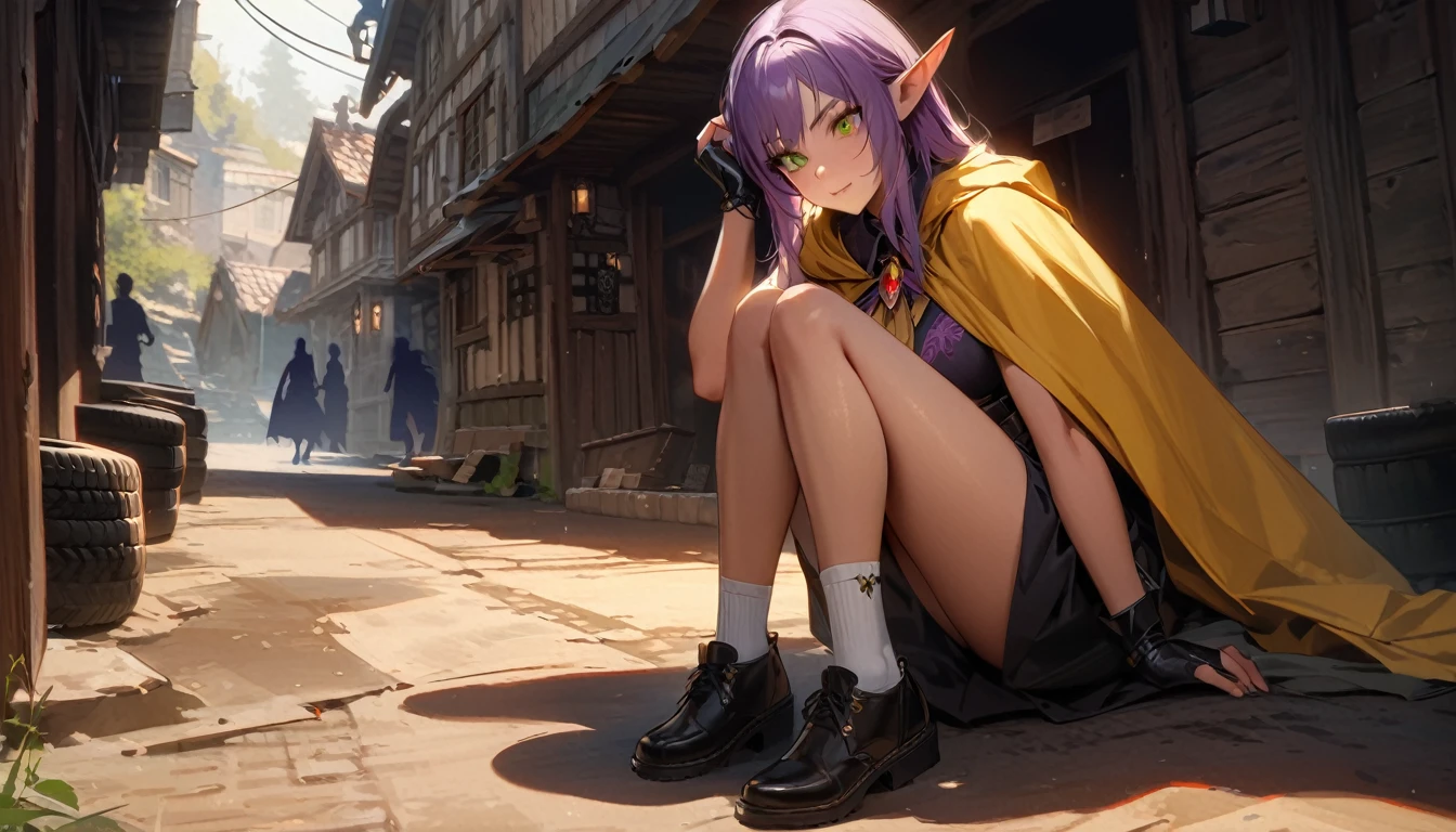 Noble Elf, гMasterpiece, good quality, (1_woman), (Full body), (exotic skin_Complexion), tires, Stand, Nice, exotic, with long elf ears, ((looking away from camera)), big smile, ((Hands above the head)), Carry (((yellow))) hooded cloak), Hood down, (((yellow cape))), brooch, black choker, (Socks) with purple embroidery, long fingerless leather gloves, ((small-sized breast)), Black sleeveless dress, (bright purple hair), long hair, ((nice hair)), realistic and detailed face with diamond-shaped eyes, (((green eyes)), dark_eyeliner, long_eyelashes), Natural dynamic light casts detailed shadows, knee high dark brown boots, Stand outside rustic tavern, woods, mountains in the distance, Sunny day,, serious look, questionable, caring, Investigation procedure, dark alley, natta, natta sky, red light, (Silhouette, hard light:1.2), Nordic style, high quality, beautiful picture, masterclass!