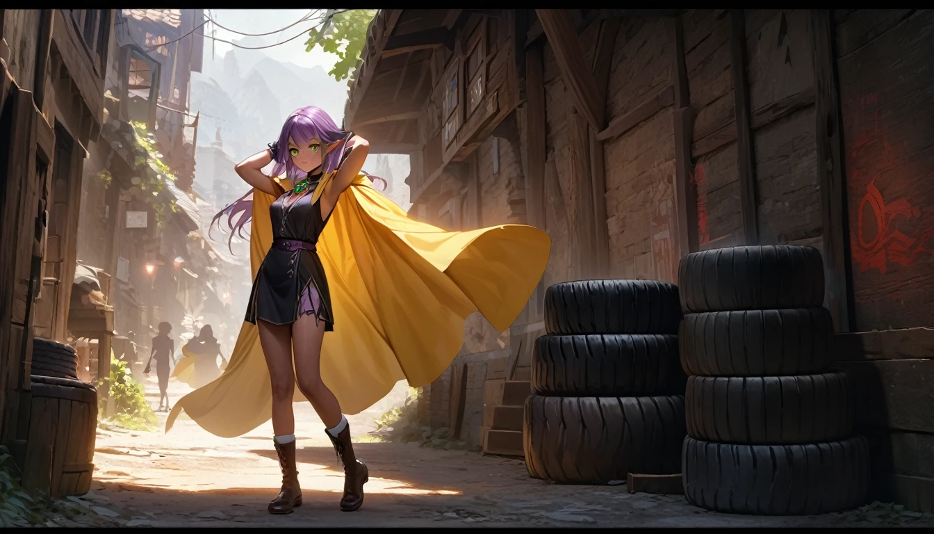 Noble Elf, гMasterpiece, good quality, (1_woman), (Full body), (exotic skin_Complexion), tires, Stand, Nice, exotic, with long elf ears, ((looking away from camera)), big smile, ((Hands above the head)), Carry (((yellow))) hooded cloak), Hood down, (((yellow cape))), brooch, black choker, (Socks) with purple embroidery, long fingerless leather gloves, ((small-sized breast)), Black sleeveless dress, (bright purple hair), long hair, ((nice hair)), realistic and detailed face with diamond-shaped eyes, (((green eyes)), dark_eyeliner, long_eyelashes), Natural dynamic light casts detailed shadows, knee high dark brown boots, Stand outside rustic tavern, woods, mountains in the distance, Sunny day,, serious look, questionable, caring, Investigation procedure, dark alley, natta, natta sky, red light, (Silhouette, hard light:1.2), Nordic style, high quality, beautiful picture, masterclass!