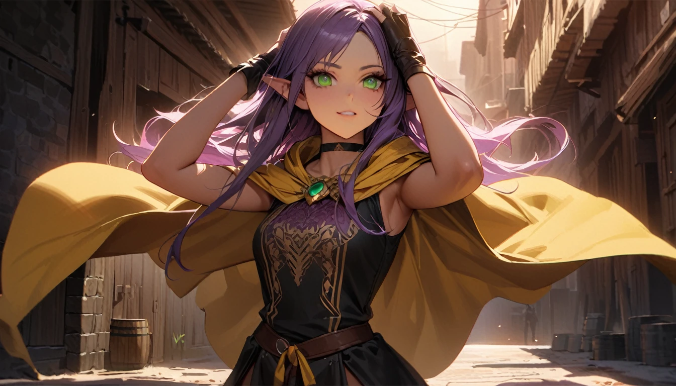Noble Elf, гMasterpiece, good quality, (1_woman), (Full body), (exotic skin_Complexion), tires, Stand, Nice, exotic, with long elf ears, ((looking away from camera)), big smile, ((Hands above the head)), Carry (((yellow))) hooded cloak), Hood down, (((yellow cape))), brooch, black choker, (Socks) with purple embroidery, long fingerless leather gloves, ((small-sized breast)), Black sleeveless dress, (bright purple hair), long hair, ((nice hair)), realistic and detailed face with diamond-shaped eyes, (((green eyes)), dark_eyeliner, long_eyelashes), Natural dynamic light casts detailed shadows, knee high dark brown boots, Stand outside rustic tavern, woods, mountains in the distance, Sunny day,, serious look, questionable,  caring, Investigation procedure, dark alley, natta, natta sky, red light, (Silhouette, hard light:1.2), Nordic style, high quality, beautiful picture, masterclass!