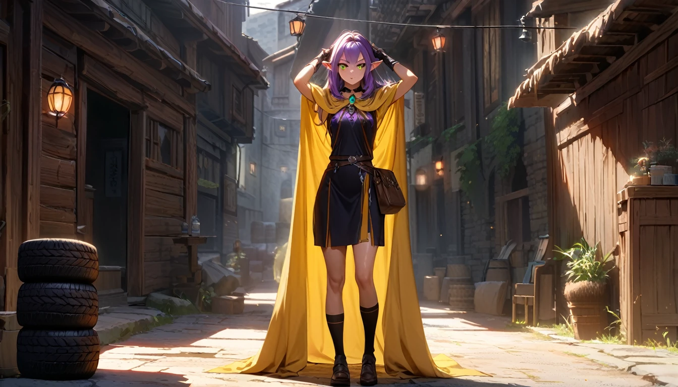 Noble Elf, гMasterpiece, good quality, (1_woman), (Full body), (exotic skin_Complexion), tires, Stand, Nice, exotic, with long elf ears, ((looking away from camera)), big smile, ((Hands above the head)), Carry (((yellow))) hooded cloak), Hood down, (((yellow cape))), brooch, black choker, (Socks) with purple embroidery, long fingerless leather gloves, ((small-sized breast)), Black sleeveless dress, (bright purple hair), long hair, ((nice hair)), realistic and detailed face with diamond-shaped eyes, (((green eyes)), dark_eyeliner, long_eyelashes), Natural dynamic light casts detailed shadows, knee high dark brown boots, Stand outside rustic tavern, woods, mountains in the distance, Sunny day,, serious look, questionable, caring, Investigation procedure, dark alley, natta, natta sky, red light, (Silhouette, hard light:1.2), Nordic style, high quality, beautiful picture, masterclass!
