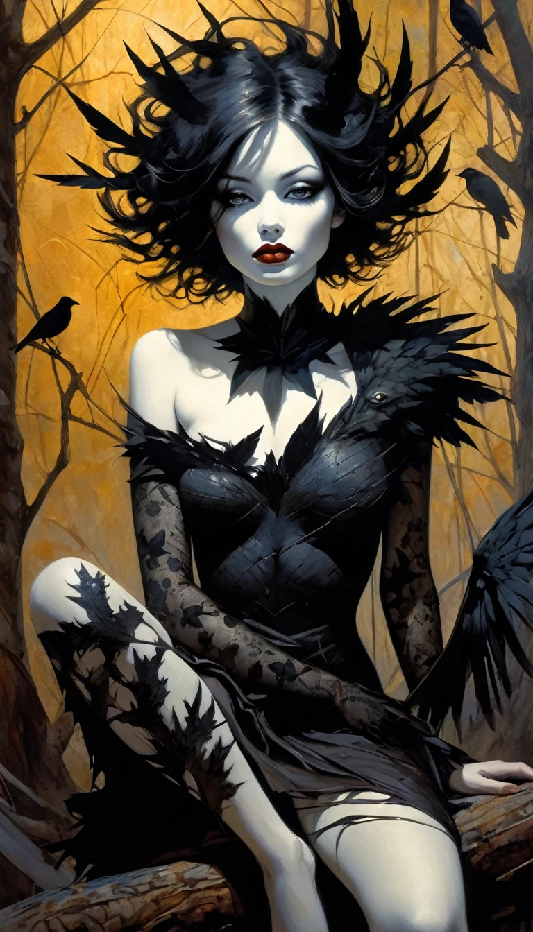 a large dry tree, crows, a sexy monster girl with torn clothes sitting at the base of the tree, black and white image, art inspired by Bill Sienkiewicz, crows eroticism, sexy, black and white image,(best quality,4k,8k,highres,masterpiece:1.2),ultra-detailed,(realistic,photorealistic,photo-realistic:1.37),intricate details,vivid colors,sharp focus,professional,Dave McKean artwork, oil touch of surrealism,oil painting style,portrait,woman,beautiful detailed eyes,beautiful detailed lips,dreamlike atmosphere,shadow play,soft lighting,playful pose,minimalist room,dark hues,ethereal background,fantasy elements,texture,layered composition. (nude:0.8)