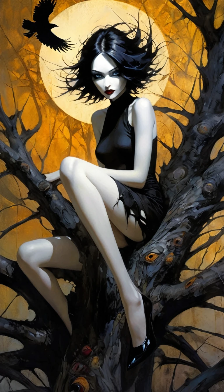 a large dry tree, crows, a sexy monster girl with torn clothes sitting at the base of the tree, black and white image, art inspired by Bill Sienkiewicz, crows eroticism, sexy, black and white image,(best quality,4k,8k,highres,masterpiece:1.2),ultra-detailed,(realistic,photorealistic,photo-realistic:1.37),intricate details,vivid colors,sharp focus,professional,Dave McKean artwork, oil touch of surrealism,oil painting style,portrait,woman,beautiful detailed eyes,beautiful detailed lips,dreamlike atmosphere,shadow play,soft lighting,playful pose,minimalist room,dark hues,ethereal background,fantasy elements,texture,layered composition.
