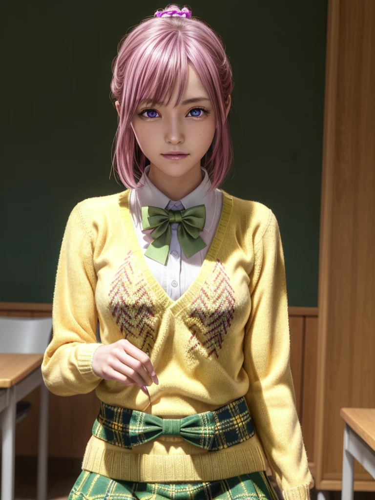 Momodebilke, Deviluke Type, demon tail, Hair Flower, hair ornaments, (Purple eyes:1.1), Pink Hair, short hair, tail, smile,
break demon tail, green skirt, Plaid, Plaid skirt, Sainan High , , skirt, Sweater vest, Knee socks, (Yellow Sweater:1.5), Short sleeve, bow, (green bow:1.5),
break indoors, classroom,
break looking at viewer, (Cowboy Shot:1.5),
break (masterpiece:1.2), Highest quality, High resolution, unity 8k wallpaper, (figure:0.8), (beautiful detailed eyes:1.6), extremely detailed face, Perfect lighting, extremely detailed CG, (Perfect hands, Perfect Anatomy),