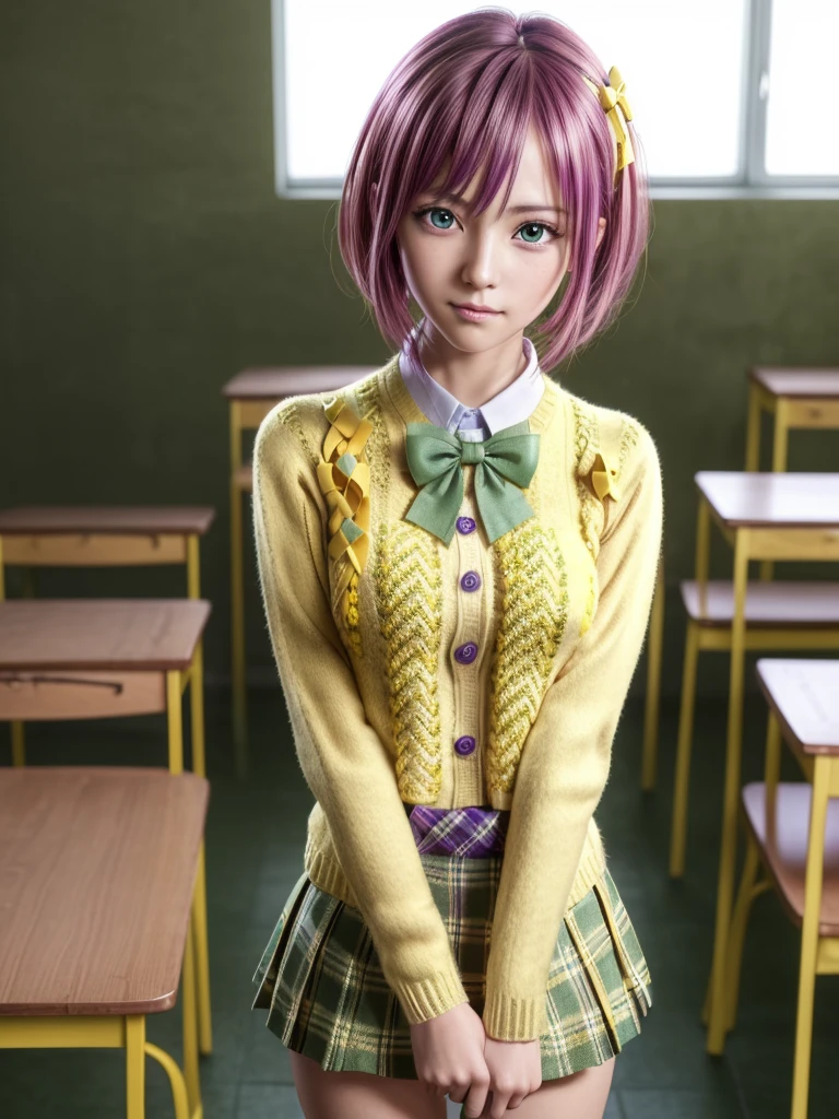 Momodebilke, Deviluke Type, demon tail, Hair Flower, hair ornaments, (Purple eyes:1.1), Pink Hair, short hair, tail, smile,
break demon tail, green skirt, Plaid, Plaid skirt, Sainan High , , skirt, Sweater vest, Knee socks, (Yellow Sweater:1.5), Short sleeve, bow, (green bow:1.5),
break indoors, classroom,
break looking at viewer, (Cowboy Shot:1.5),
break (masterpiece:1.2), Highest quality, High resolution, unity 8k wallpaper, (figure:0.8), (beautiful detailed eyes:1.6), extremely detailed face, Perfect lighting, extremely detailed CG, (Perfect hands, Perfect Anatomy),