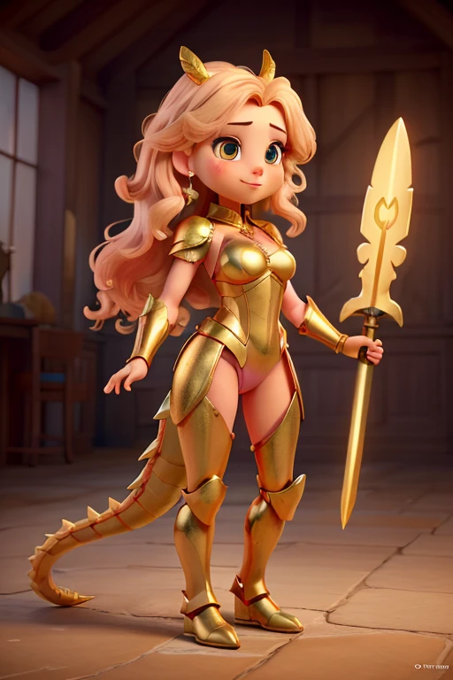 ((best qualityer)), ((work of art)), (detailded), 1 girl, Dragon woman, long golden hair, golden armour, golden dragon knight, golden wings, pinky skin, Eyes red, legs thick, blush cheeks, golden giant sword