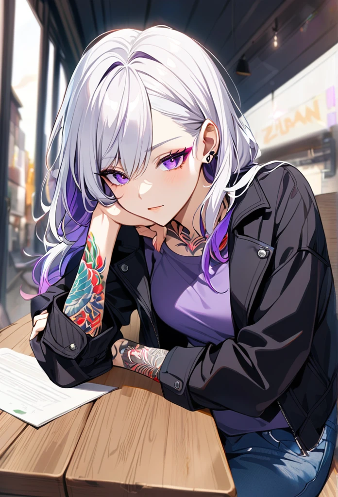 1woman, white hair with purple tips, purple eyes, wearing a casual black jacket, purple undershirt, blue jeans, rest head with hand, tattoos on arms, colorful tattoos