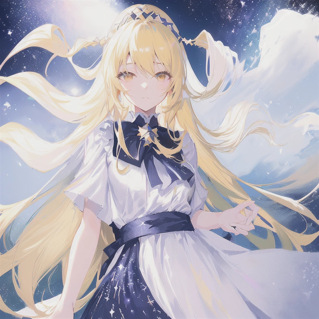 anime woman with long blonde hair and a white dress standing in the middle of a sea of stars, anime splash, anime goddess, visual anime of a cute girl, blonde adult woman with long hair, daytime ethereal anime, greek dress, Marisa Kirisame, official art, star crown