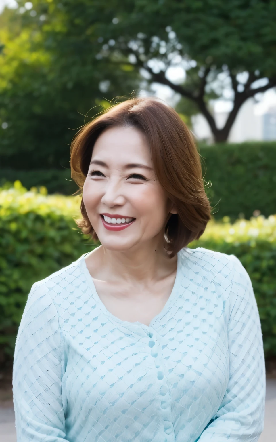 Standing in the park, Wrinkles around the eyes, Smiling with teeth showing, Plain short-sleeved clothing, senior citizen, Draw lips correctly, Red lipstick, No discomfort, 16K, Highest quality, Very detailed, Realistic, Very detailed肌, (Japanese), (alone), 60 years old, Large Breasts, , Glamour, sexy, Chromo White Skin, Staring straight ahead,