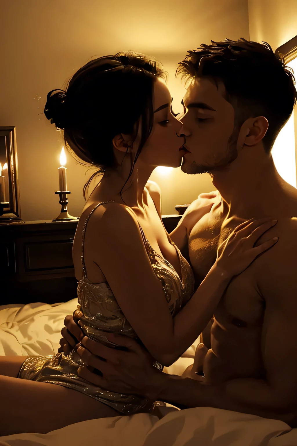 Boy and woman, beautiful woman, kissing each other with passion, in a bedroom, bright room, candles lit, night time,