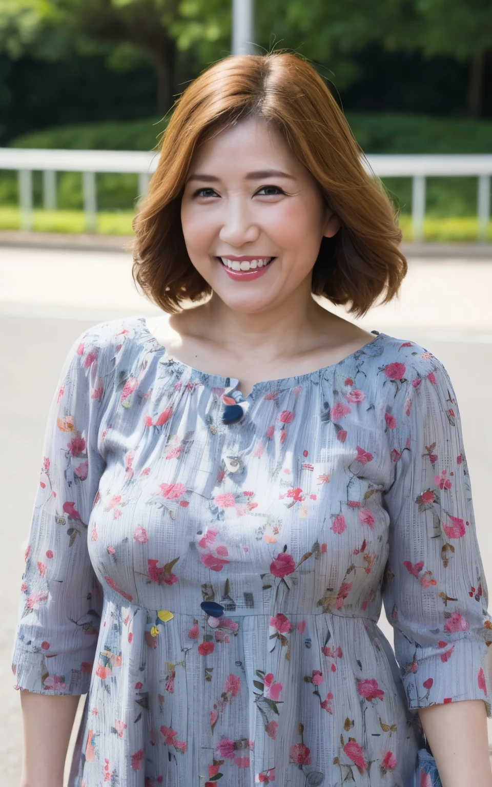 Standing in the park, Wrinkles around the eyes, Smiling with teeth showing, Plain short-sleeved clothing, senior citizen, Draw lips correctly, Red lipstick, No discomfort, 16K, Highest quality, Very detailed, Realistic, Very detailed肌, (Japanese), (alone), 60 years old, Large Breasts, , Glamour, sexy, Chromo White Skin, Staring straight ahead,