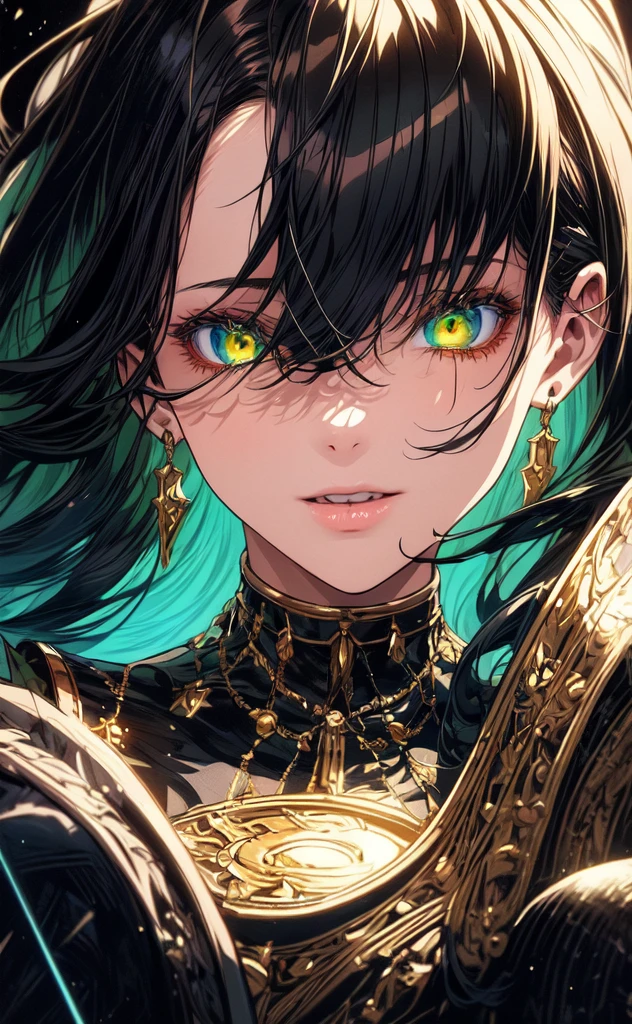 (masterpiece, best quality, ultra-detailed, best shadow), (detailed background,dark fantasy), (handsome detailed face), high contrast, (best illumination, an extremely delicate and beautiful), ((cinematic light)), colorful, hyper detail, dramatic light, intricate details, (1girl, solo, black with green hair, sharp face, green eyes, hair between eyes,dynamic angle), blood splatter, swirling black light around the character, depth of field,black light particles,(broken glass),magic circle,