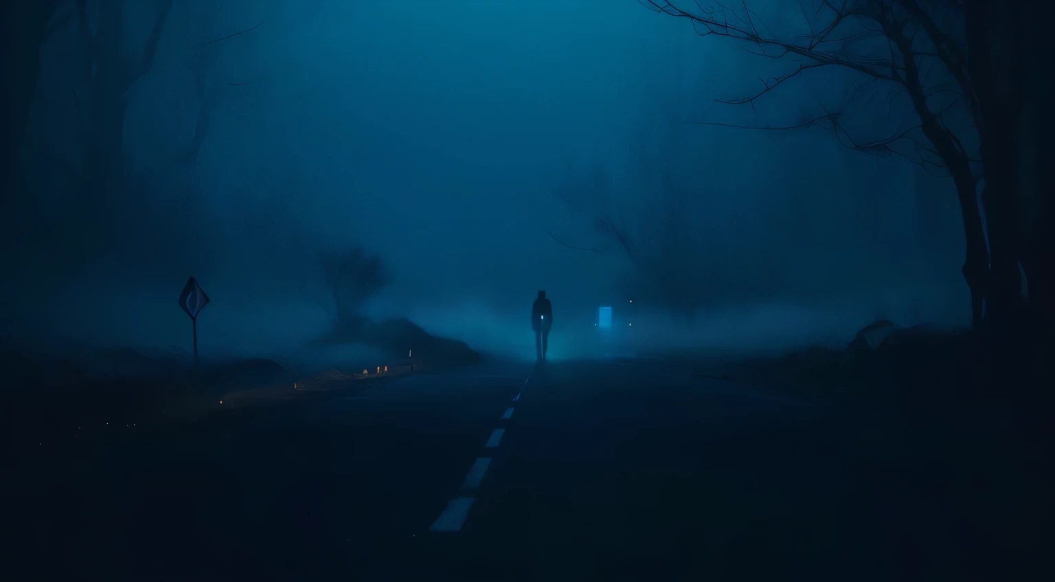 man walking along the road in the dark, Octane render. fog, cinematic atmospheric photo, atmospheric cool color scheme, realistic. dark atmosphere, Dream landscape, creepy atmosphere, still from a dramatic sci-fi film, creepy and dramatic atmosphere, dark creepy movie frame, cinematography atmosphere, creepy!!! atmosphere, cinematic keyframe, cinematic freeze frame, realistc Octane render