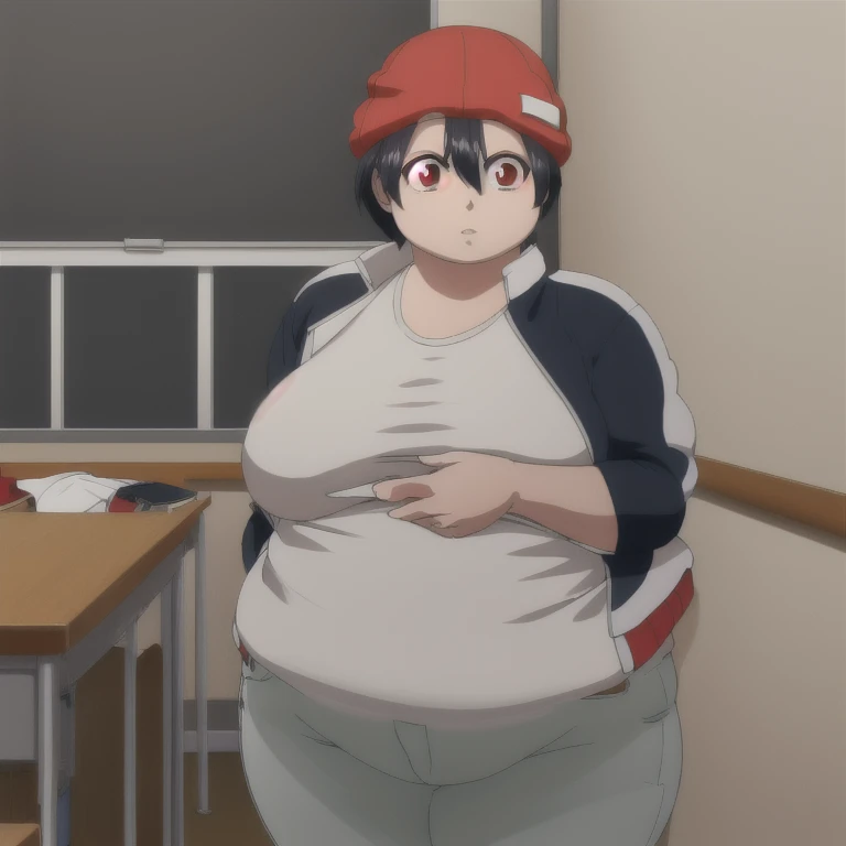 fuukoizumo, fuuko izumo, black hair, hair between eyes, (brown eyes:1.5), short hair, BREAK shirt, white shirt, jacket, open jacket, pants, denim, beanie, (red beanie:1.2), BREAK looking at viewer, BREAK indoors, classroom, (cowboy shot:1.5), BREAK(masterpiece:1.2), best quality, high resolution, unity 8k wallpaper, (illustration:0.8), (beautiful detailed eyes:1.6), extremely detailed face, perfect lighting, extremely detailed CG, (perfect hands, perfect anatomy),