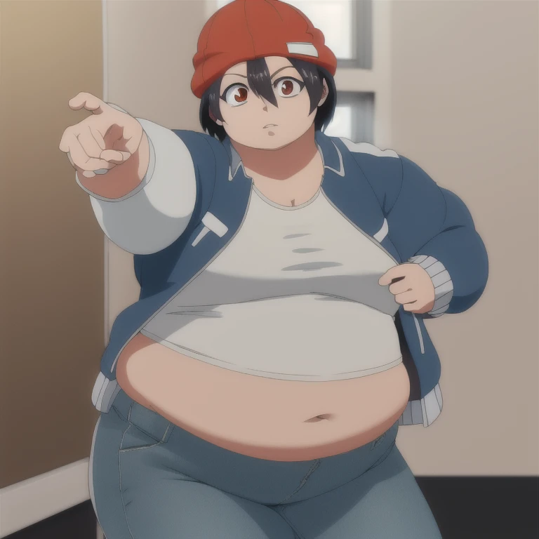 fuukoizumo, fuuko izumo, black hair, hair between eyes, (brown eyes:1.5), short hair, BREAK shirt, white shirt, jacket, open jacket, pants, denim, beanie, (red beanie:1.2), BREAK looking at viewer, BREAK indoors, classroom, (cowboy shot:1.5), BREAK(masterpiece:1.2), best quality, high resolution, unity 8k wallpaper, (illustration:0.8), (beautiful detailed eyes:1.6), extremely detailed face, perfect lighting, extremely detailed CG, (perfect hands, perfect anatomy),