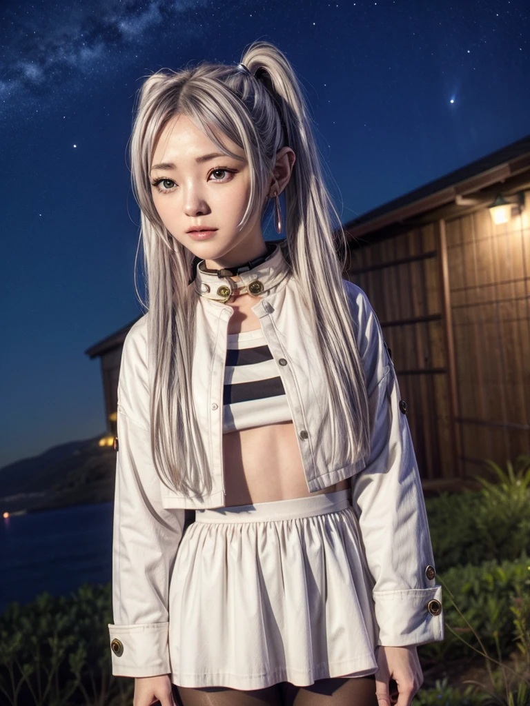 One girl,alone,Fairy,Gray Hair, Grey Hair, Earrings, Pointed Ears, Long Hair, ponytail, Green Eyes, Twin tails, Parted bangs, Thick eyebrows,
Capelet with collar, White capelet, Striped shirt, Long sleeve,Striped, White Skirt,
pantyhose,
Night Sky, performer, Milky Way, milky way,
