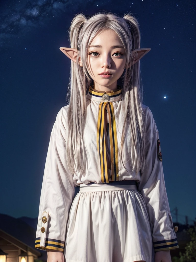 One girl,alone,Fairy,Gray Hair, Grey Hair, Earrings, Pointed Ears, Long Hair, ponytail, Green Eyes, Twin tails, Parted bangs, Thick eyebrows,
Capelet with collar, White capelet, Striped shirt, Long sleeve,Striped, White Skirt,
pantyhose,
Night Sky, performer, Milky Way, milky way,