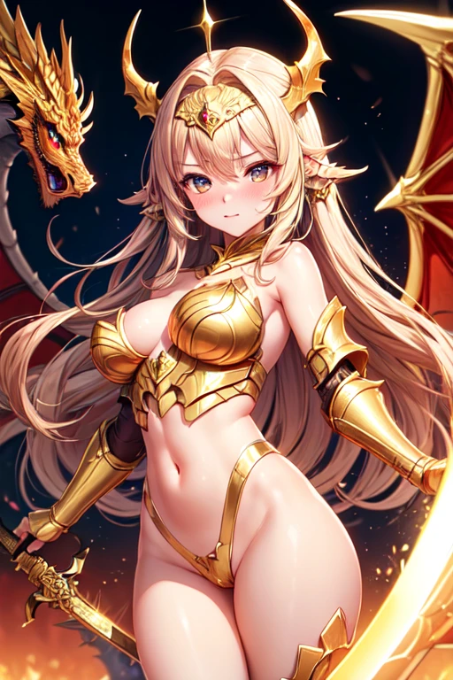 ((best qualityer)), ((work of art)), (detailded), 1 girl, Dragon woman, long golden hair, golden armour, golden dragon knight, golden wings, pinky skin, Eyes red, legs thick, blush cheeks, golden giant sword