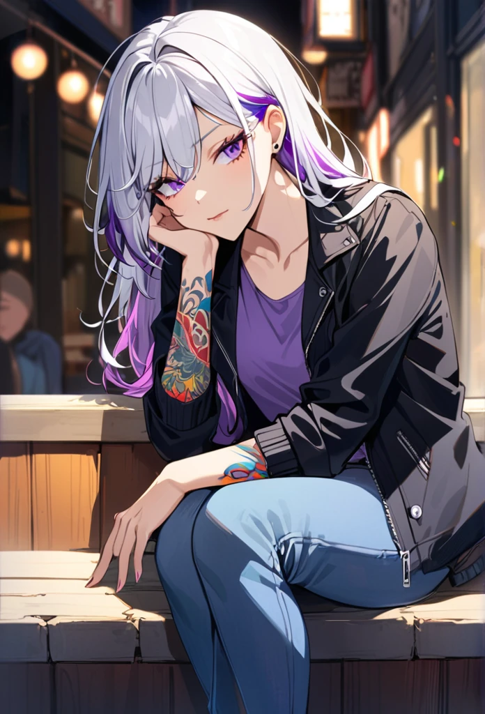 1woman, white hair with purple tips, purple eyes, wearing a casual black jacket, purple undershirt, blue jeans, rest head with hand, tattoos on arms, colorful tattoos