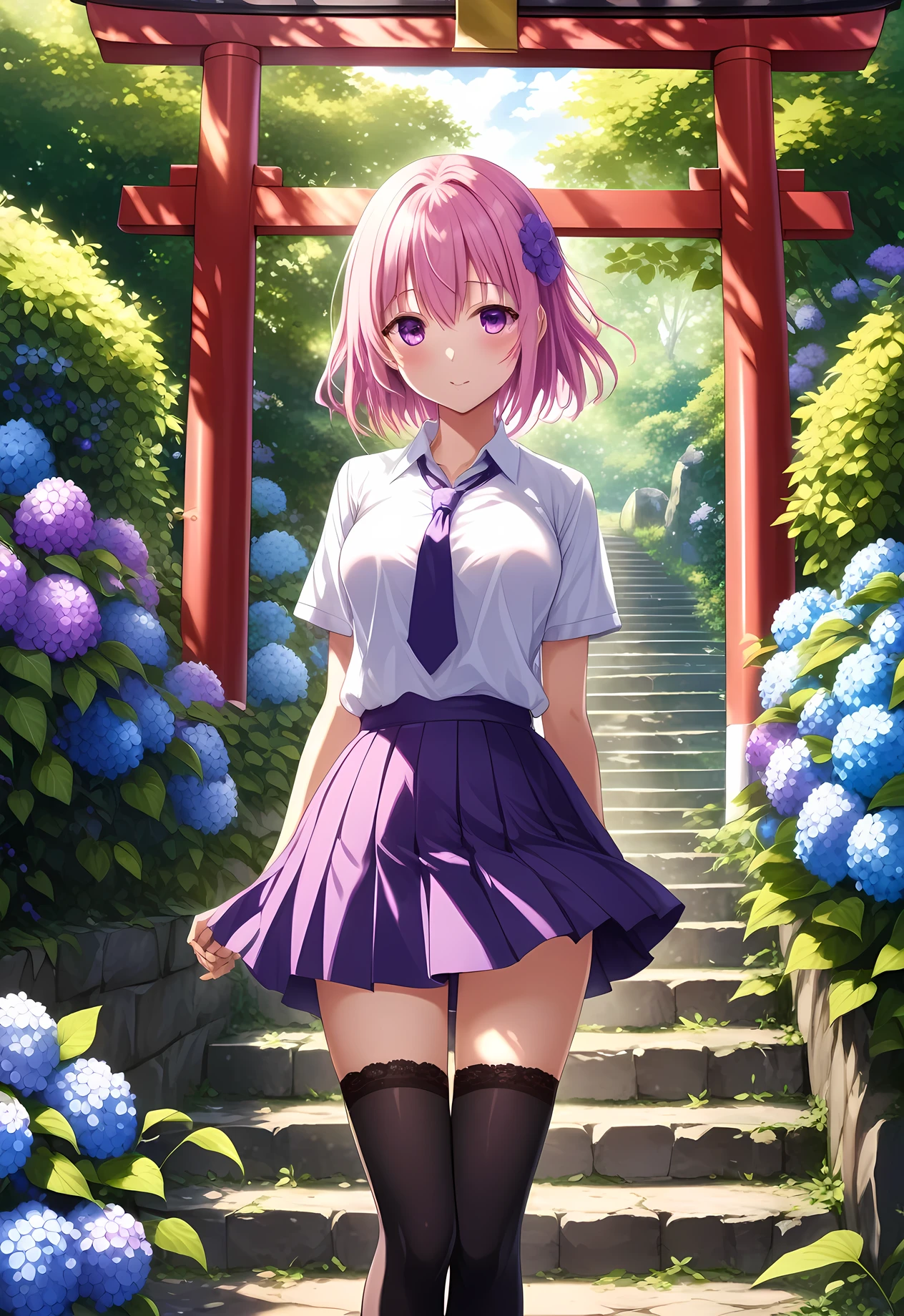 masterpiece, best quality, highres, 4k, 8k, intricate detail, cinematic lighting, amazing quality, amazing shading, soft lighting, Detailed Illustration, anime style, wallpaper,1girl,,momo_velia_deviluke, to_love-ru, to_love-ru_darkness,1girl,purple_eyes, pink_hair, short_hair, breasts, demon_tail, green_skirt, hair_flower, hair_ornament, sainan_high_school_uniform, school_uniform, shirt, skirt, tail, tail_fondling, thighhighs, white_shirt, black_thighhighs,,Wallpaper Fusion, dappled sunlight, day, flower, hydrangea, leaf, light rays, nature, outdoors, path, plant, purple flower, scenery, stairs, sunlight, torii, tree, wisteria,surrounding by flowers,falling_petals, petals,