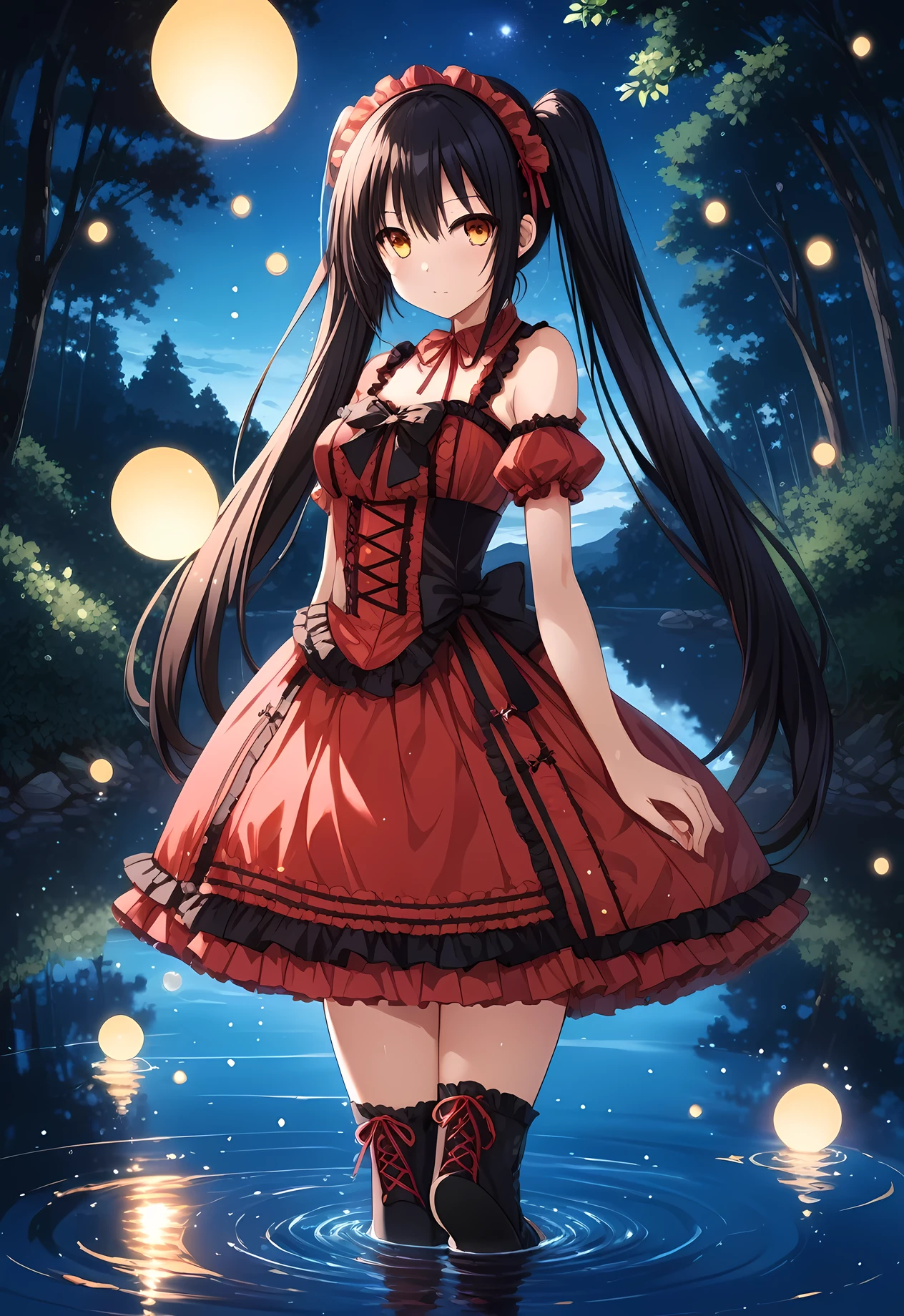 masterpiece, best quality, highres, 4k, 8k, intricate detail, cinematic lighting, amazing quality, amazing shading, soft lighting, Detailed Illustration, anime style, wallpaper,1girl,,tokisaki_kurumi(date_a_live), black_hair, heterochromia, red_eye, yellow_eye,hairband, lolita_hairband, twintails, red_dress, frilled_dress, frills, lolita_fashion, boots, cross-laced_footwear, black_footwear,besides a blue lake, night sky,stars,forest,Reflections in the water,,floating droplets of water